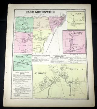 Antique 1870 D.  G.  Beers Atlas Hand Colored Map East Greenwich Rhode Island