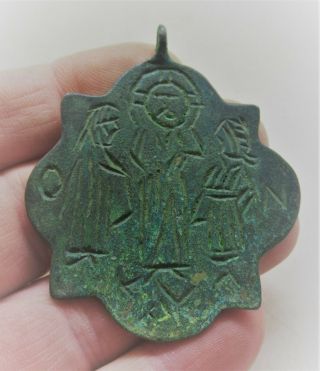 Wearable Ancient Byzantine Bronze Cross Pendant With Worshippers Depicted