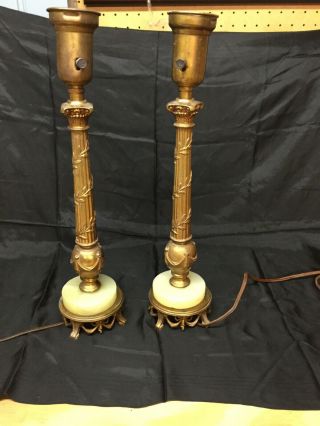 (2) Antique Rembrandt Ornate Brass Onyx Base Torchiere Table Lamps