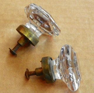 2 Vintage Glass Knobs W/ Brass Bases,  1.  75 " Across,  6 Sided Hexagon