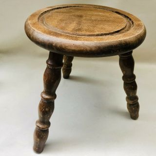 Vintage French 3 Legged Milking Stool With Turned Wood Legs & Turned Round Seat