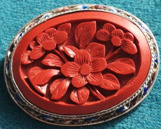 Chinese Silver Filigree Vintage Antique Cinnabar Lacquer Oval Brooch Peony