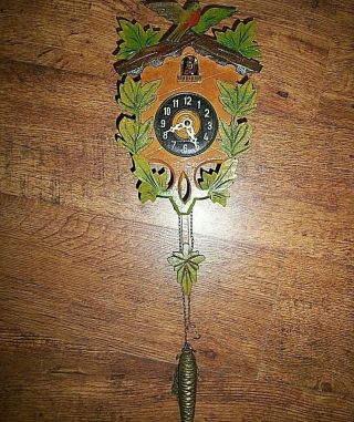 Vintage Hand Carved Wooden Cased Cuckoo Clock With Weight (hand Painted Finials)