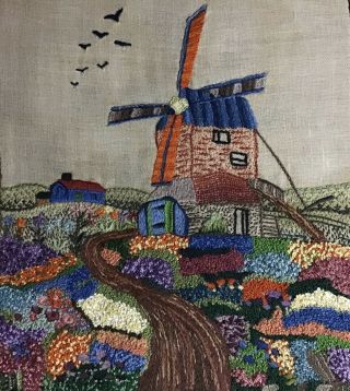 Stunning Vintage Linen Hand Embroidered Picture Panel Windmill & Floral Fields