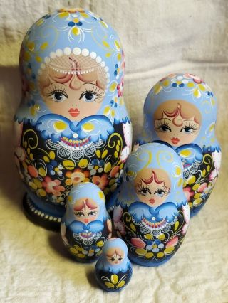 Vintage Style Wooden Blue Floral Russian Nesting Dolls Babushka Matryoshka Toys