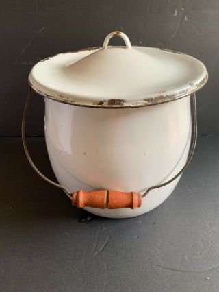 Vintage White Enamel Chamber Pot With Wood Handle And Lid 9” Tall 10” Wide