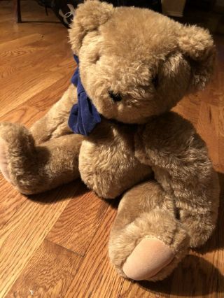 Vtg Vermont Teddy Bear Jointed Plush Brown Blue Bow 16 "