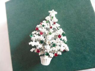 Rare Vintage Lisner White Enamel Red & Green Rhinestone Christmas Tree Pin