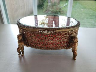 Antique Velvet Padded Ormolu Filigree Jewelry Casket - Beveled Glass