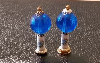 Dollhouse Miniature Vintage Pair (2) Blue Lamps Porcelain Handpainted Blue Roses