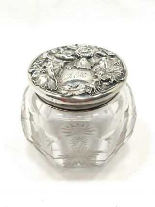 Antique Glass Vanity Jar With High Relief Repousse Sterling Silver Lid - Floral