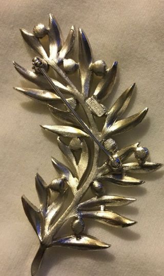 VTG Crown Trifari LEAF Faux Pearls Brushed Silver BROOCH Pin RARE ' 50s 3