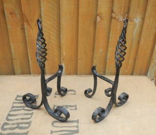 Pair Antique Vintage Arts & Crafts Wrought Iron Fire Dogs Andirons