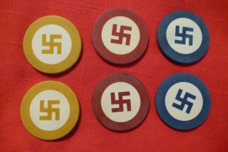 6 Antique Poker Chips Clay Vintage Rare Good Lucky Swastika Design 3 Colors