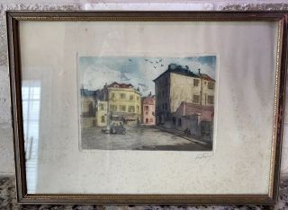 Old Antique 12” Framed French Village Color Etching Signed In Pencil