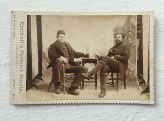 Antique Maine Cabinet Card Two Men Looking At Camera Drinking Leg Warmers