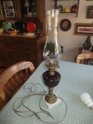 Antique Ruby Bohemian Cut Glass,  Brass & Marble Table Lamp With Chimney Shade