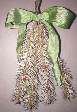 Victorian Goose Feather Tree Branches Bouquet 6 Antique - White Vintage Green Bow
