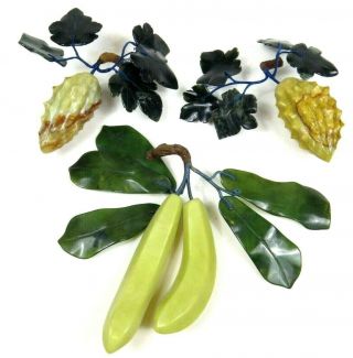 Vintage Chinese Export Carved Jade Gemstone Stone Fruit Figurines Kiwano Bananas