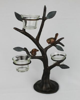 Vintage Metal Tea Light Votive Candle Holder Tree,  2 Bronze Tone Birds In Tree