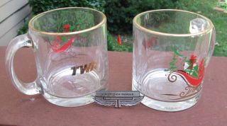 Rare Vintage Set Of 2 Twa Glass Holiday Mugs,  Junior Crew Member Pin,  Christmas