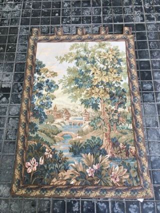 A Good 19th Century Verdure Tapestry With Brook And Bridges Size:106.  68x70.  10 Cm