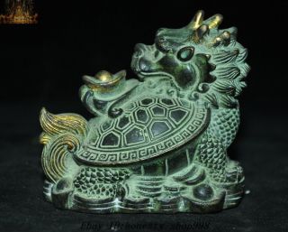 Chinese Feng Shui Bronze Gilt Yuanbao Money Coin Dragon Turtle Tortoise Statue