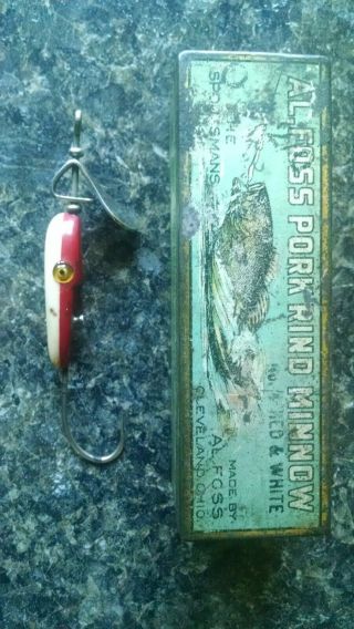 Vintage Al Foss Pork Rind Minnow Fishing Lure.  Red And White With Metal Box