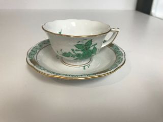 Rare Herend Hungary Porcelain Green Chinese Bouquet Demitasse Cup & Saucer