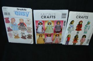 3 Doll Patterns For 18 " Dolls Such As American Girl,  Incl Vintage Clothes Design