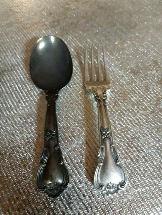Gorham Co Sterling Silver Baby Feeding Fork And Spoon Chantilly 1895,  No Mono