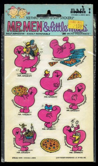 Rare Scratch & Sniff Vintage Stickers Mr.  Men & Little Miss Mark I Mr.  Greedy