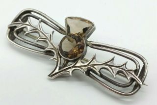 Antique Victorian Sterling Silver Scottish Thistle Brooch Set With Smoky Quartz
