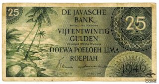1946 Netherlands Indies 25 Gulden Bank Note Vg De Javasche Bank (rare)