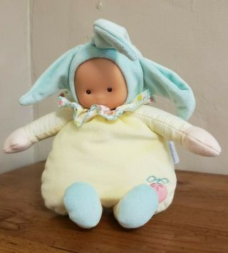 Vintage Corolle Plush Baby Doll Rattle 9 " Baby Toy Yellow Baby Blue Vinyl Face