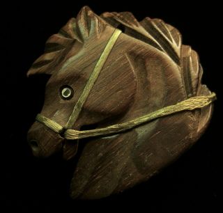 Rare Vintage Hand Carved Wood Horse Head Brooch Pin Wooden Pony Equestrian