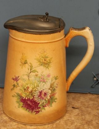 Vintage Large Ceramic Floral Pewter Lidded Pitcher Pourer