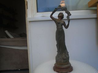 Brise Du Matin Large Antique Patinated Spelter Statue With Wooden Base Look