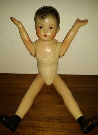 Antique Porcelain Cloth Body Jointed Boy Doll Hand Painted Face 14 " Height Rare
