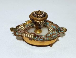 Antique French Gold Gilt Bronze,  Champleve Enamel And White Onyx Ink Pot Inkwell