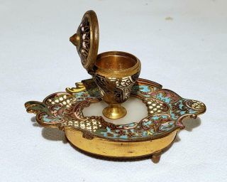 ANTIQUE FRENCH GOLD GILT BRONZE,  CHAMPLEVE ENAMEL AND WHITE ONYX INK POT INKWELL 2