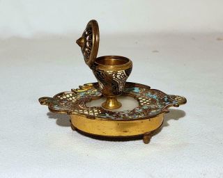 ANTIQUE FRENCH GOLD GILT BRONZE,  CHAMPLEVE ENAMEL AND WHITE ONYX INK POT INKWELL 3