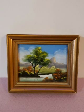 Vintage Miniature Oil Painting Mountainview Landscape Framed 3.  5 "