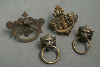 4 Antique Brass Drawer Pulls - Lion Heads W/ Pull Ring,  Etc - Ca 1900s - 51