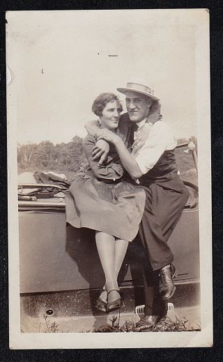 Antique Vintage Photograph Man & Woman Sitting On Side Of Vintage Car Hugging