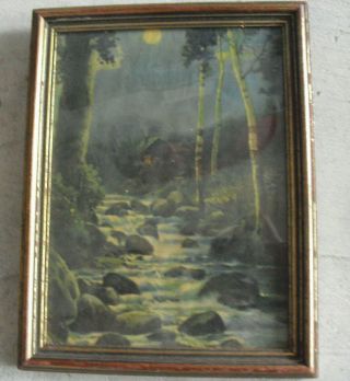 Vintage 1920s Cabin In Woods With Rocks And River Print Framed