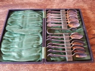 Cased Set Of 12 Vintage Teaspoons And Matching Sugar Tongs