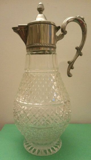 Large Heavy Vintage Claret Jug With Silver Plated Lid And Handle.  Made In Italy