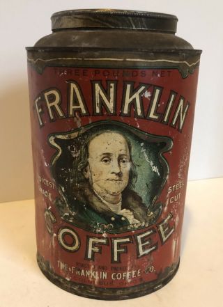 Rare Franklin Coffee Tin Can The Franklin Coffee Co.  Columbus,  Ohio 3 Pound