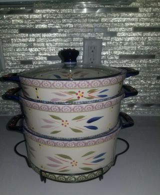 Rare 3pc Circle Baker Set With One Lid.  Temptations Old World Confetti